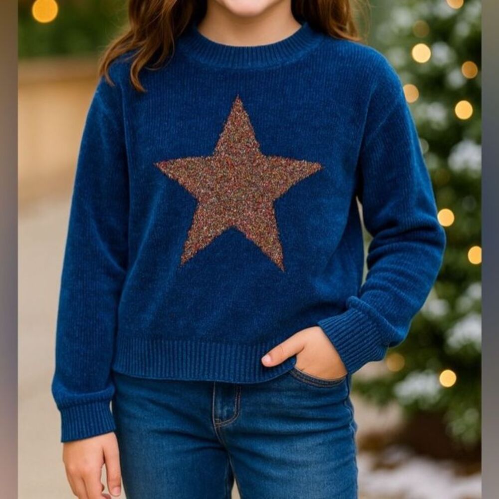Closet Space Girls Chenille Star Sweater Size 14 Blue Glitter Cozy Pullover